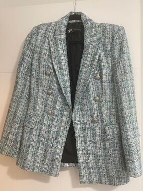 Zara Light Blue & White Tweed Double-Breasted Blazer